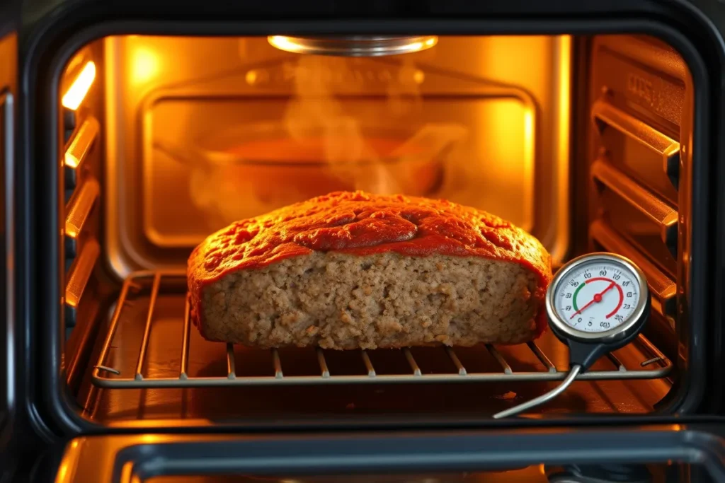 A classic meatloaf inside the oven with the door slightly ajar, revealing the cooking process and a meat thermometer resting beside it, emphasizing the importance of checking the internal