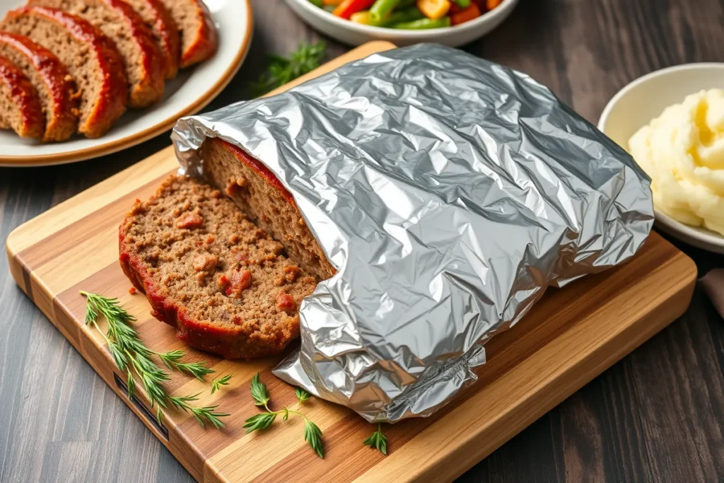 A freshly baked meatloaf resting on a wooden cutting board, loosely covered with foil, surrounded by fresh herbs and a serving plate with slices, complemented by side dishes like mashed potatoes and vegetables.