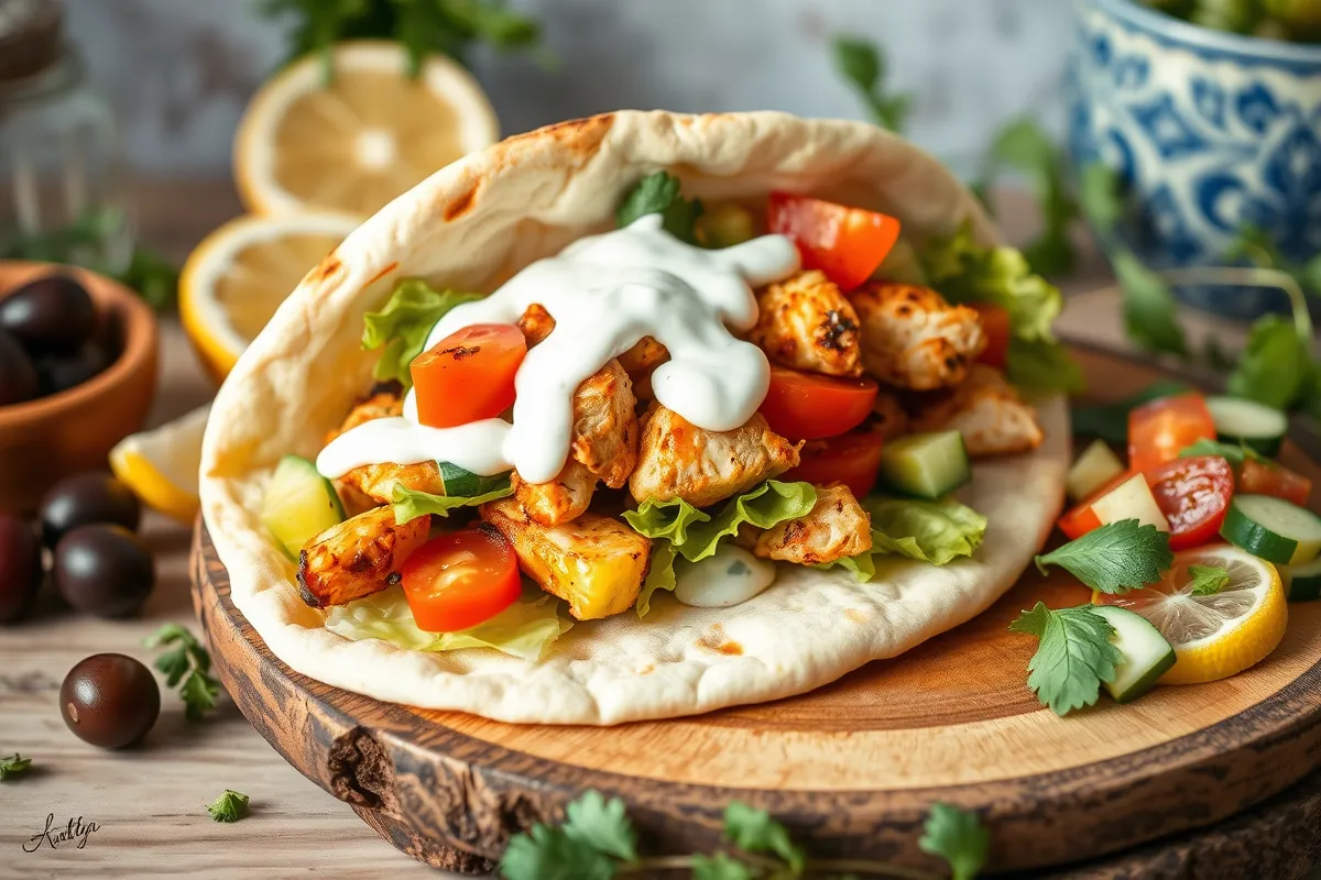 Greek Chicken Pita Pocket filled with grilled chicken, fresh vegetables, and tzatziki sauce on a rustic plate with olives and Greek salad, set against a Mediterranean-themed background.