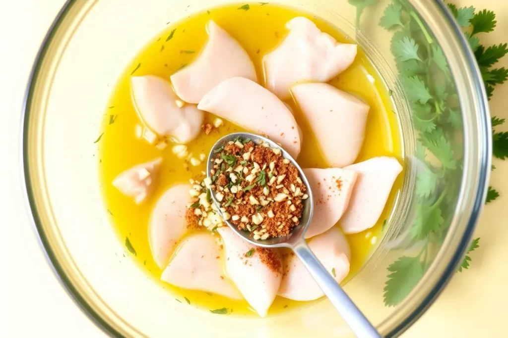 A bowl filled with a marinade of olive oil, minced garlic, and lemon juice, with thinly sliced chicken being added and fresh herbs scattered around.