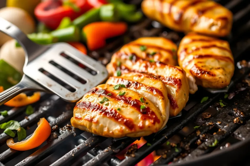 Grilled marinated chicken sizzling on a grill, showcasing golden-brown sear marks, with fresh vegetables like bell peppers nearby.