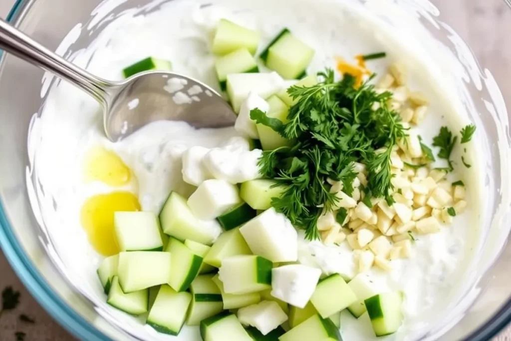 A mixing bowl with Greek yogurt, diced cucumber, minced garlic, and lemon juice being stirred together, with fresh herbs beside it.