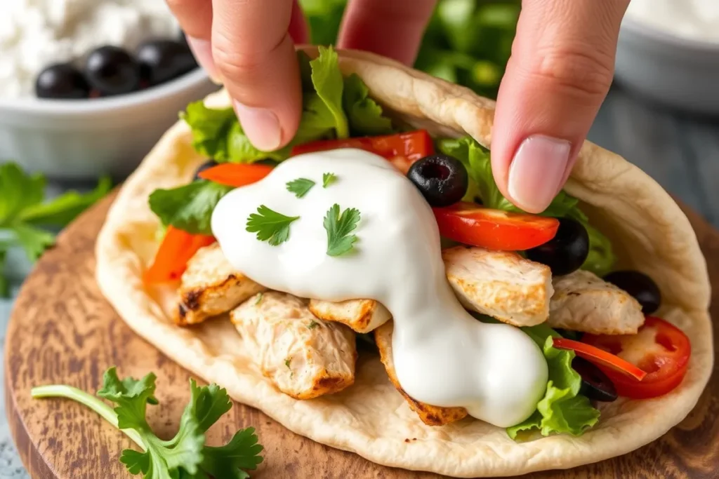 A person assembling a Greek Chicken Pita Pocket, filling a soft pita bread with grilled chicken, fresh vegetables, and tzatziki sauce in a bright kitchen setting.