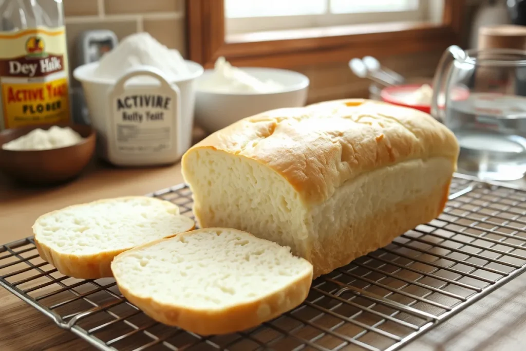 A golden-brown loaf of classic white sandwich bread cooling on a wire rack, with a few slices cut to show its fluffy interior. The background includes ingredients like flour and yeast, enhancing the home-baking atmosphere.