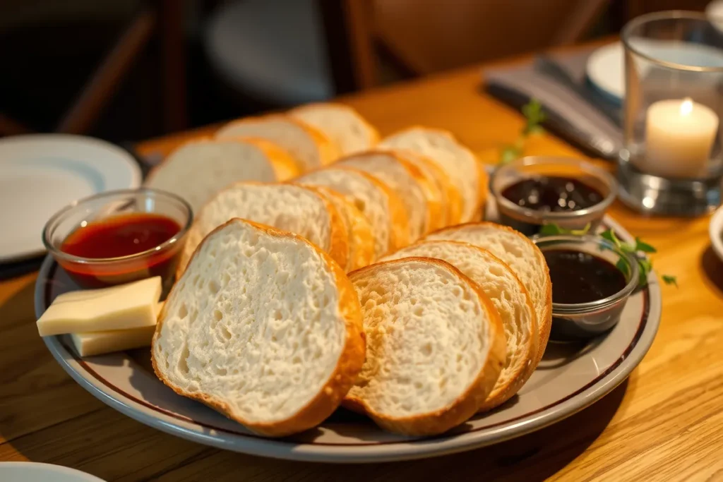 A beautifully arranged platter of sliced classic white sandwich bread accompanied by butter, jam, and fresh herbs, set on a dining table.