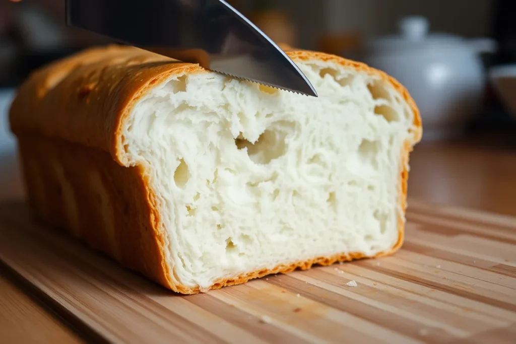 A serrated knife slicing into a loaf of classic white sandwich bread on a cutting board, revealing its soft, fluffy interior.