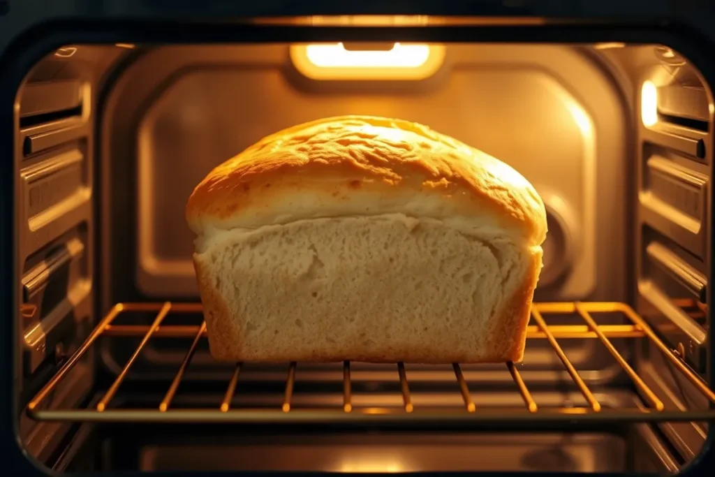 A loaf of classic white sandwich bread rising in the oven, visible through the oven door, with a golden-brown crust forming.