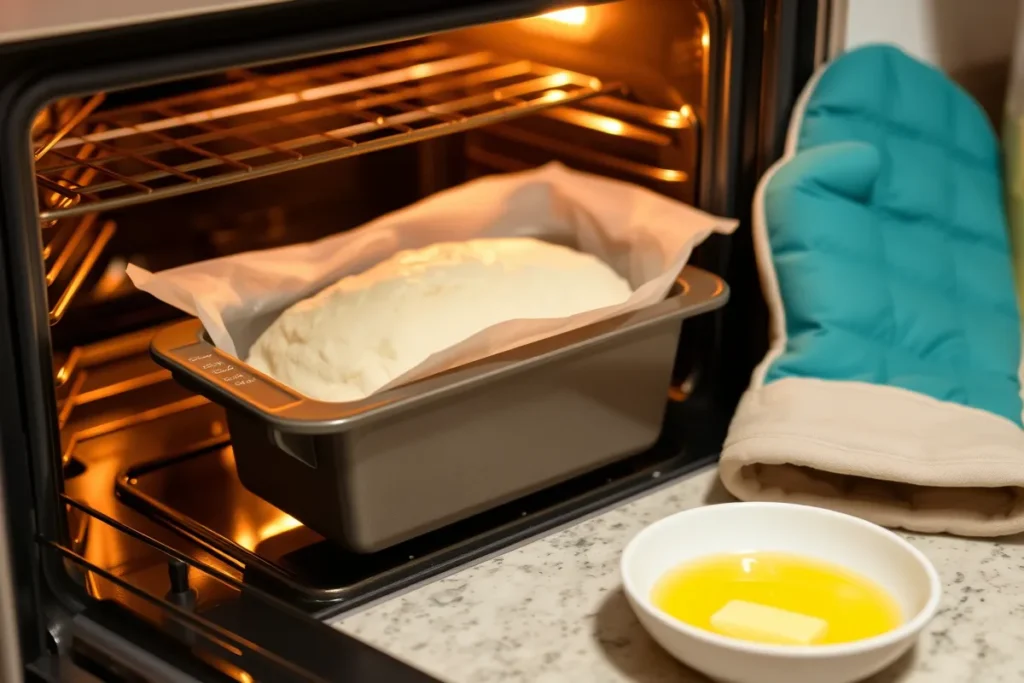 A loaf pan filled with risen dough on a kitchen countertop, with an oven preheating in the background and a bowl of melted butter beside it.