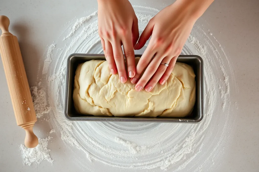 Dough being shaped into a loaf on a lightly floured countertop, with hands gently forming it into a rectangle and a rolling pin nearby.