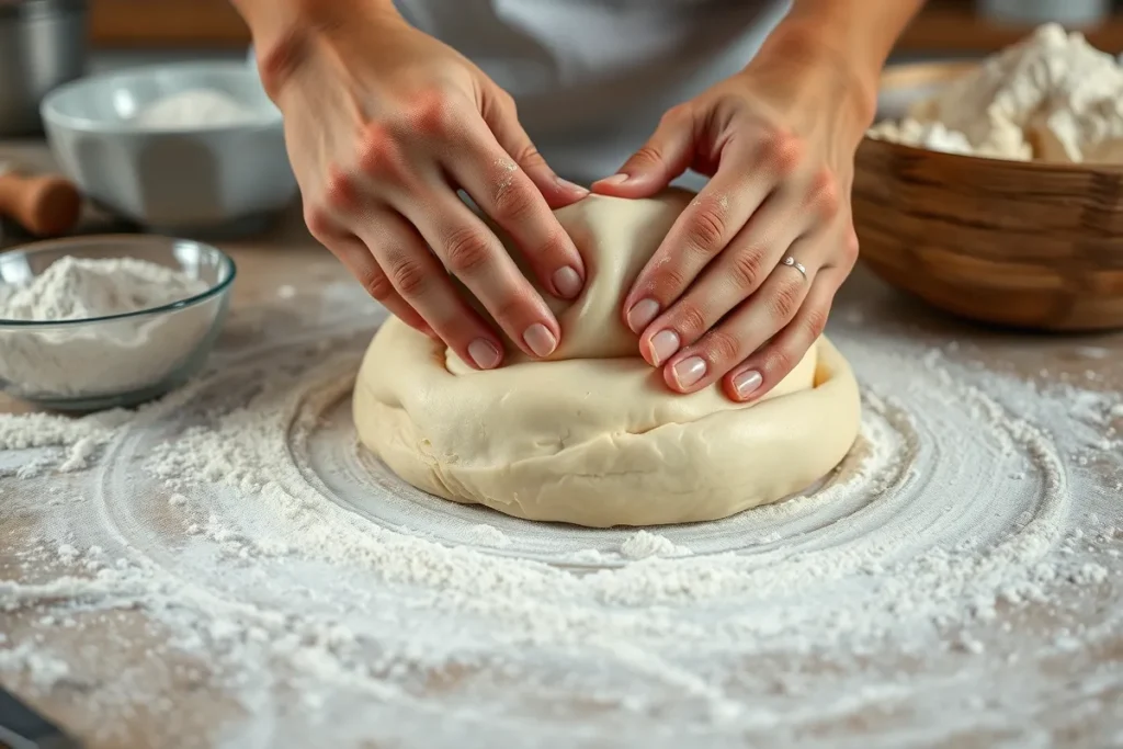 A close-up of hands kneading smooth and elastic dough on a floured surface, with flour scattered around and a bowl of extra flour in the background.