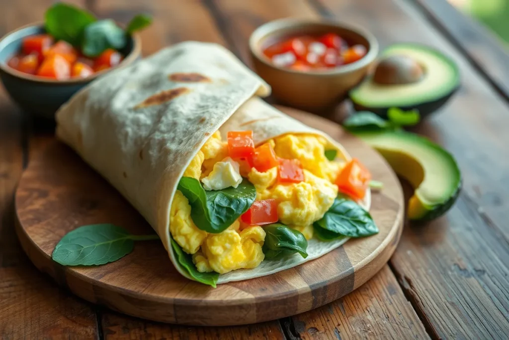 An appetizing Egg and Spinach Wrap filled with scrambled eggs, fresh spinach, and diced tomatoes, served with salsa and avocado slices on a rustic wooden table.