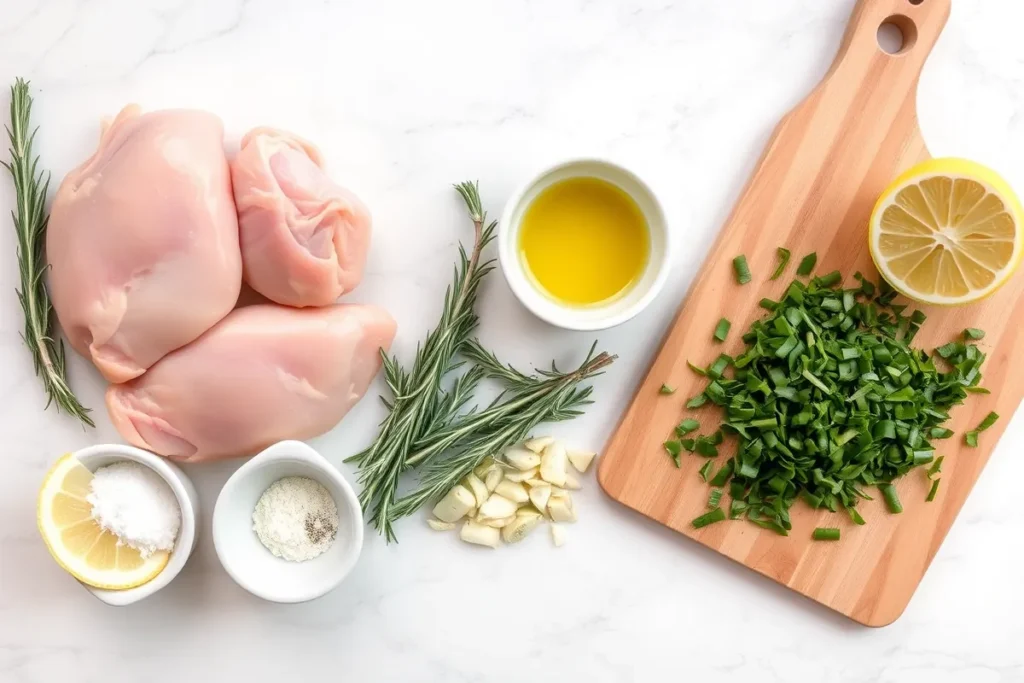 Fresh ingredients for grilled bone-in chicken breasts, including lemon, garlic, rosemary, olive oil, and chicken breasts.