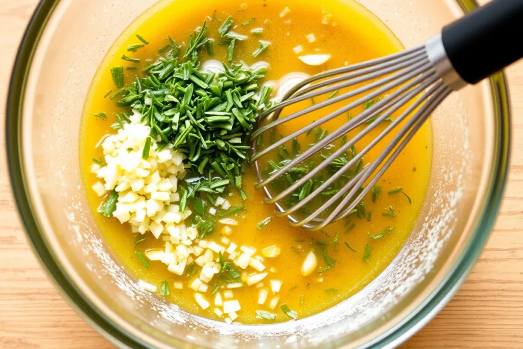 A bowl mixing lemon juice, minced garlic, chopped rosemary, and olive oil to create a flavorful marinade.