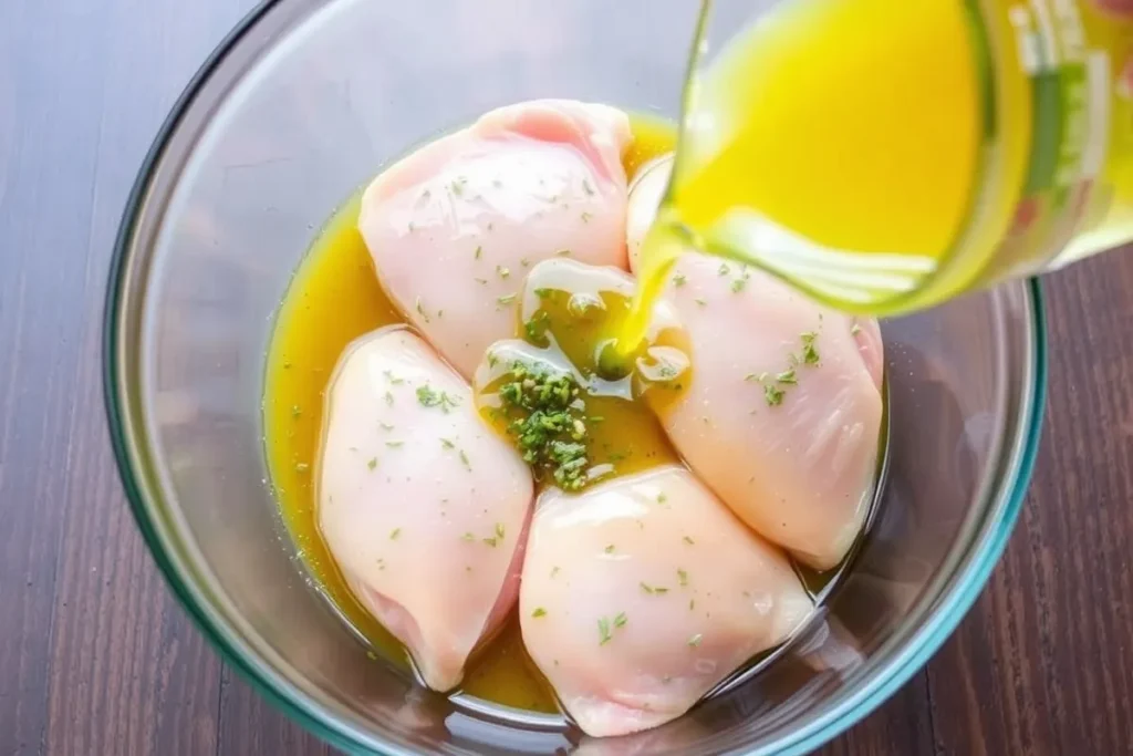 Bone-in chicken breasts soaking in a lemon-garlic marinade, ensuring they are well-coated for flavor.