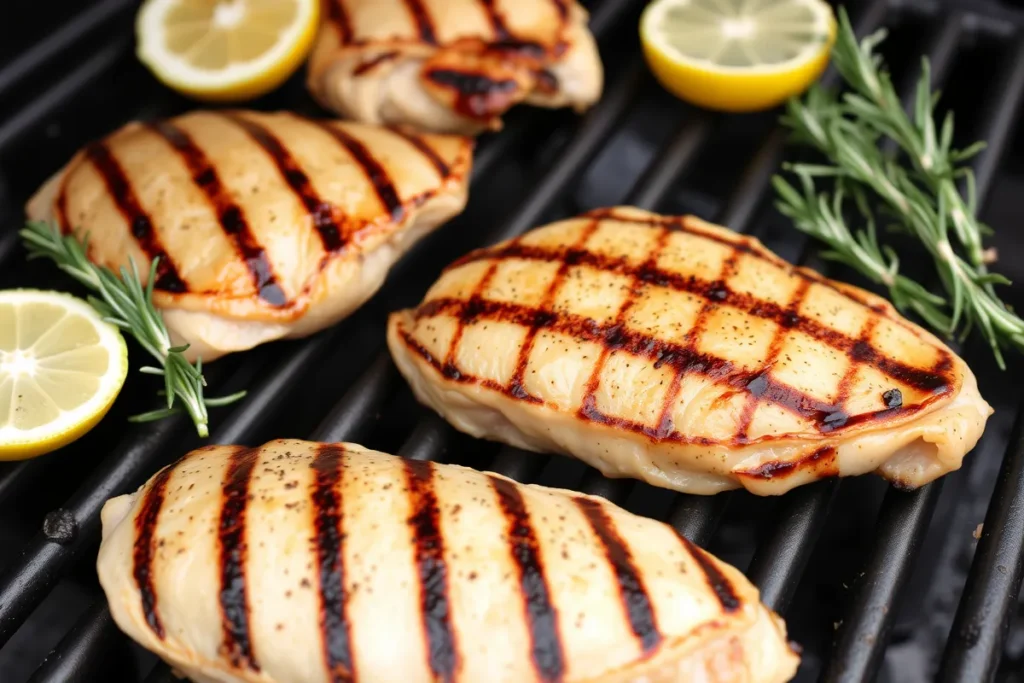 Bone-in chicken breasts sizzling on a grill, showcasing the perfect char from the marinade.