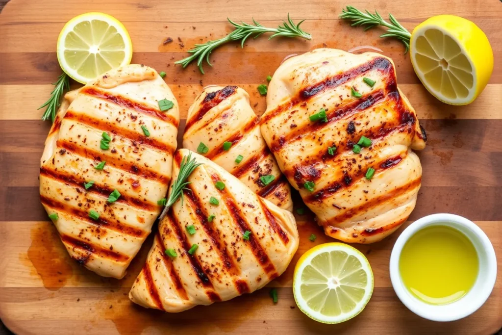 Beautifully grilled bone-in chicken breasts garnished with fresh herbs, served on a plate, ready to enjoy