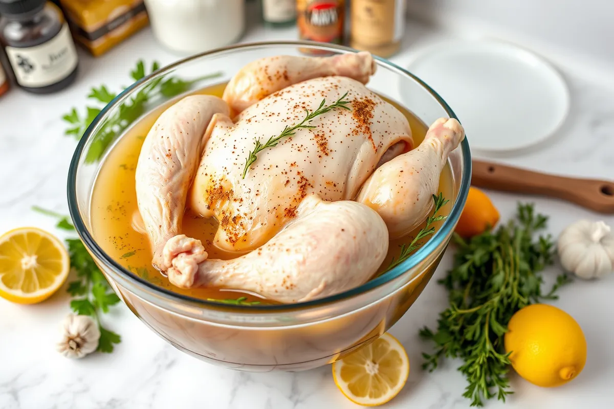 A whole chicken soaking in a flavorful brine made of water, kosher salt, sugar, and spices, surrounded by fresh herbs, garlic, and lemon slices on a kitchen countertop.