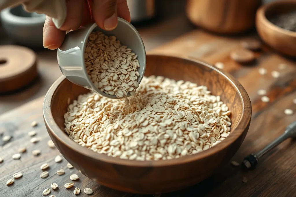 A cup of rolled oats being poured into a wooden bowl, with scattered oats on a rustic countertop.