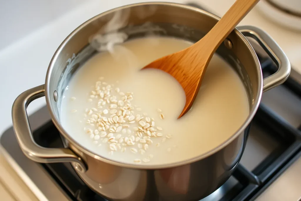 Oats simmering in milk inside a saucepan on the stove, with a wooden spoon stirring the bubbling mixture.