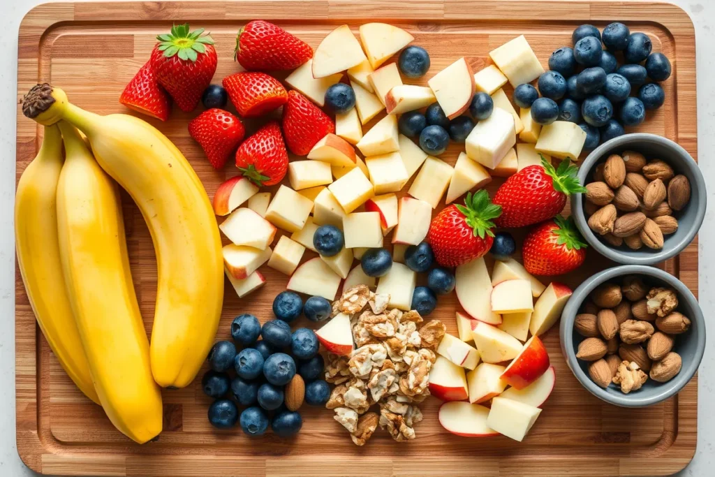 Fresh bananas, blueberries, strawberries, and chopped apples arranged on a cutting board next to small bowls of chopped almonds and walnuts.