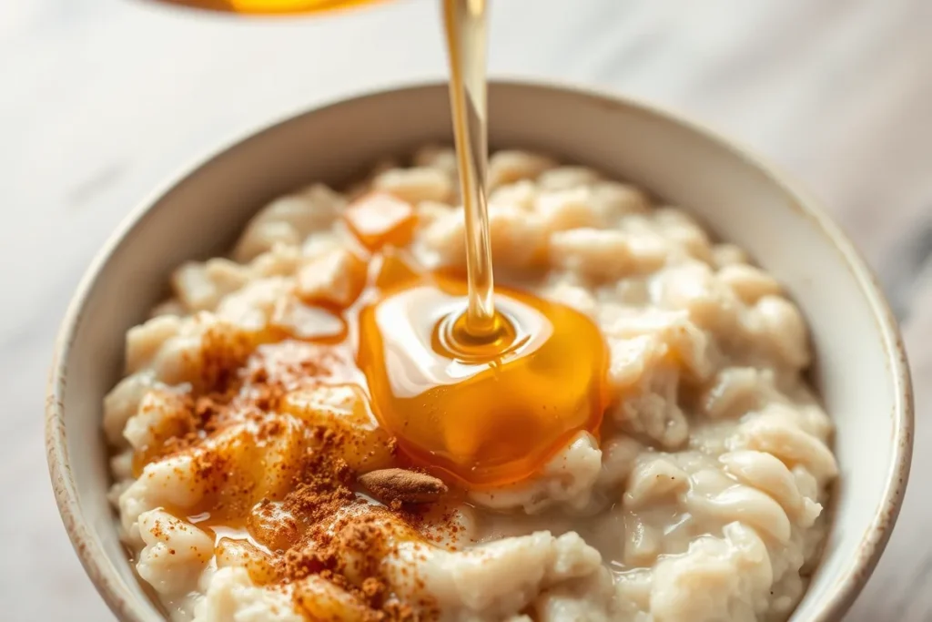 A drizzle of honey being poured onto a bowl of cooked oatmeal, with cinnamon sprinkled on top.