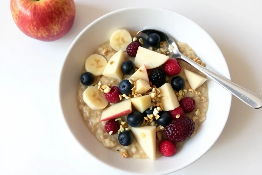 A bowl of oatmeal topped with fresh bananas, berries, apple chunks, and sprinkled with chopped nuts and seeds, ready to be served.