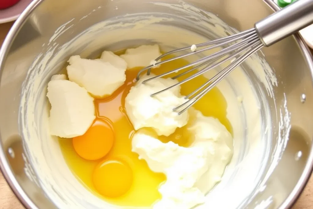 A mixing bowl filled with cottage cheese, eggs, and vanilla extract being whisked together until smooth, with lumps of cottage cheese visible. Flour and baking powder are nearby on a kitchen counter.