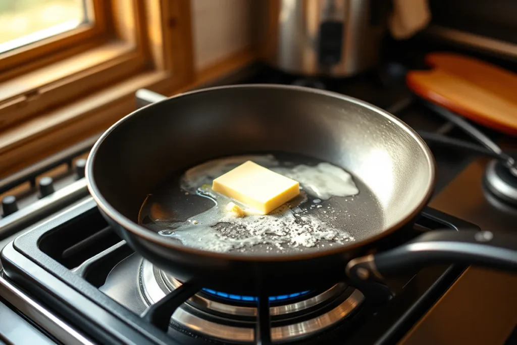 A non-stick skillet on a stovetop with butter melting and bubbling, preparing for cottage cheese pancakes to be cooked. The kitchen is warm and inviting, with natural light coming in.