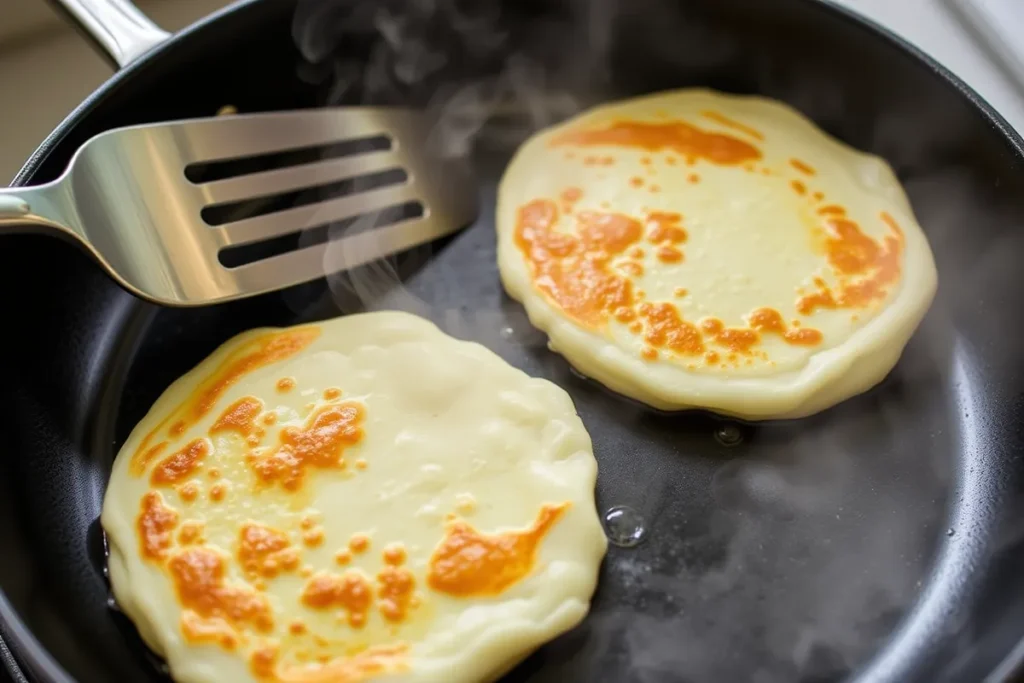 Two cottage cheese pancakes cooking in a skillet, with one being flipped by a spatula. The pancakes are golden brown, and bubbles are visible on the surface.