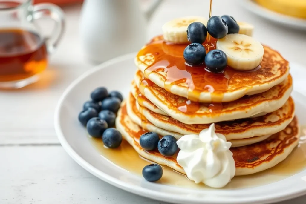 A stack of fluffy cottage cheese pancakes topped with fresh blueberries, banana slices, and drizzled with maple syrup. A dollop of whipped cream sits on the side, with a fork and syrup jug in the background on a breakfast table.