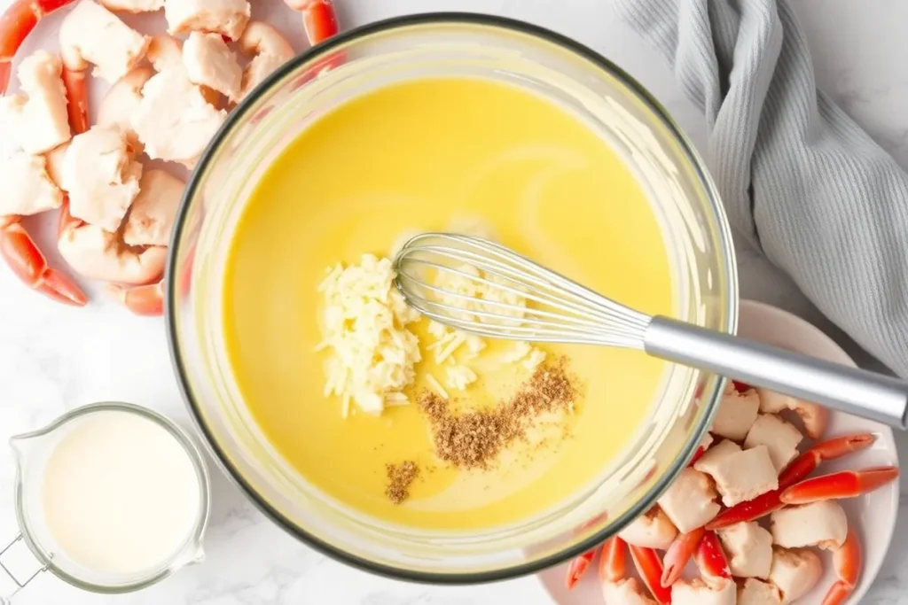 Image of a mixing bowl filled with a creamy custard mixture, including egg yolks, heavy cream, Parmesan cheese, Dijon mustard, lemon juice, and Old Bay seasoning. A whisk is shown mixing the ingredients together, with fresh crab meat and a measuring cup of heavy cream in the background.