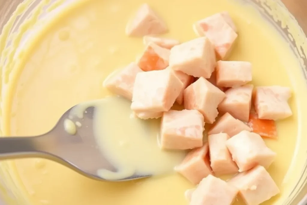 Close-up of the custard mixture in a mixing bowl, with lump crab meat being gently folded in using a spatula. Some crab lumps are visible in the creamy mixture, with scattered crab shells nearby to emphasize freshness.

