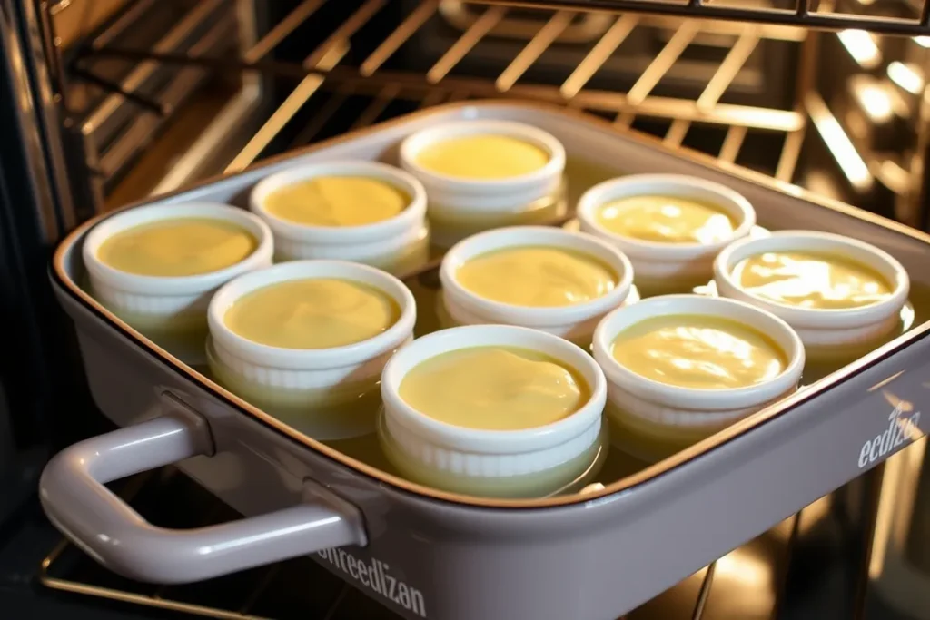 Image showing several ramekins filled with crab custard placed in a deep baking dish filled with hot water, coming halfway up the sides of the ramekins. The oven in the background is slightly ajar, with the temperature set to 325°F.

