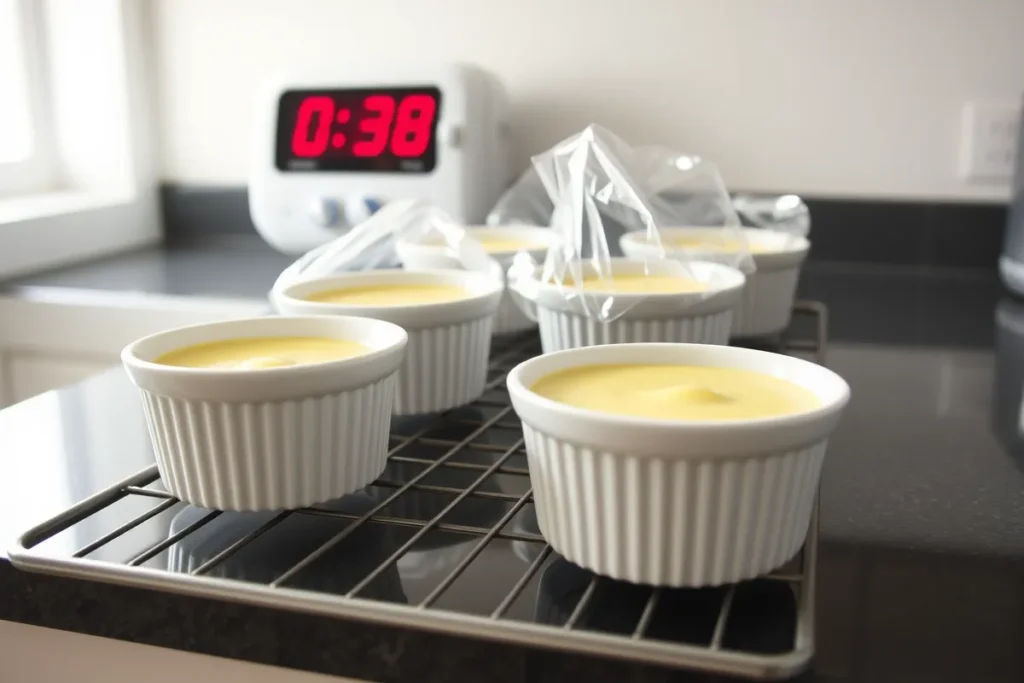 Scene depicting ramekins of crab custard cooling on a countertop, with a kitchen timer counting down in the background. One ramekin is open to show the smooth custard texture, while others are covered with plastic wrap, indicating refrigeration.

