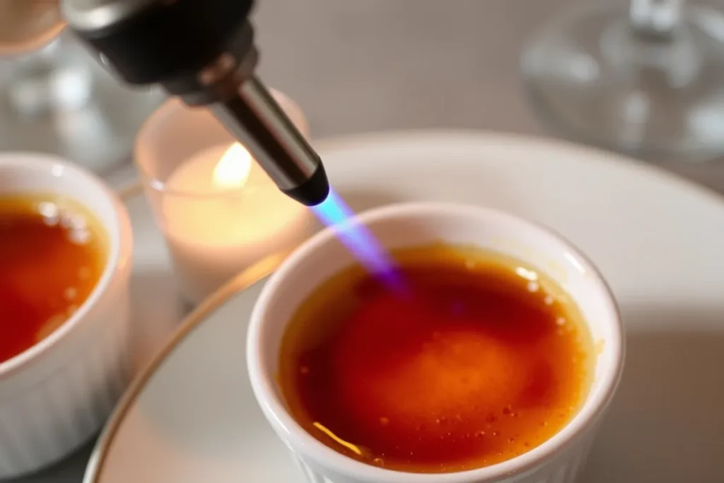 Image capturing the moment of caramelizing sugar on top of a Crab Brûlée using a kitchen torch. The focus is on a ramekin with a shiny, golden-brown sugar crust, illuminated by the warm glow of the torch flame.

