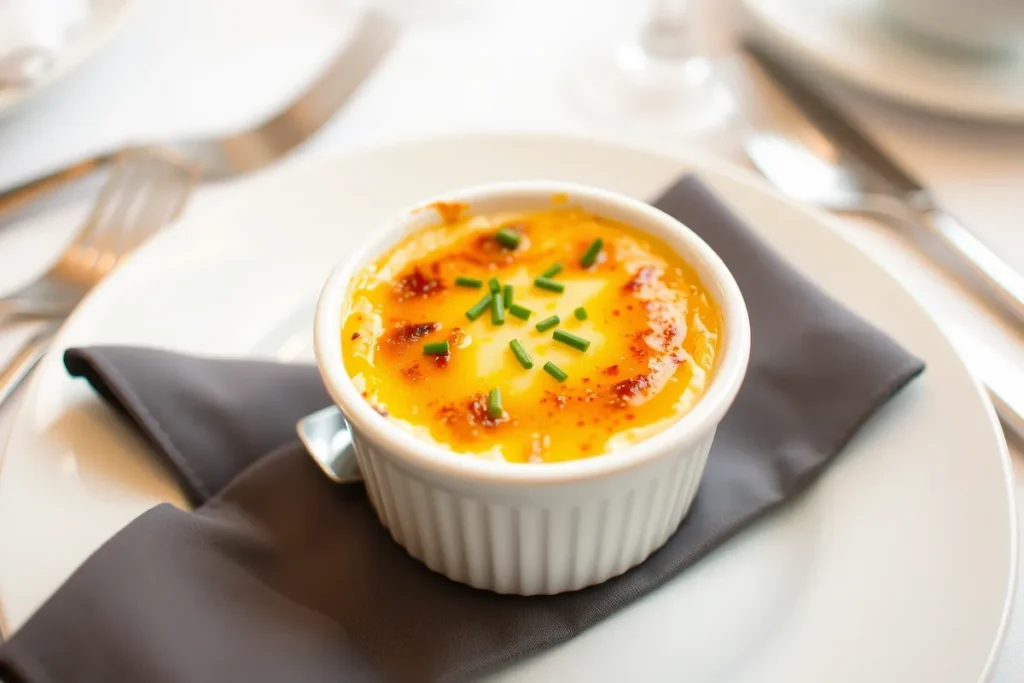 Image of a beautifully plated Crab Brûlée ramekin, garnished with finely chopped chives. The background features an elegant dining table setting with cutlery and a decorative napkin, creating an upscale and inviting ambiance.
