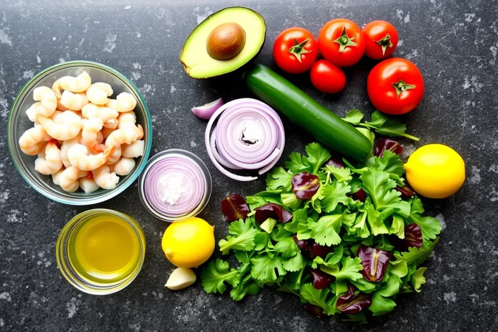 A clean kitchen countertop displaying fresh ingredients for shrimp salad, including shrimp, avocado, cherry tomatoes, cucumber, red onion, mixed greens, olive oil, lemon, Dijon mustard, garlic, salt, and pepper.

