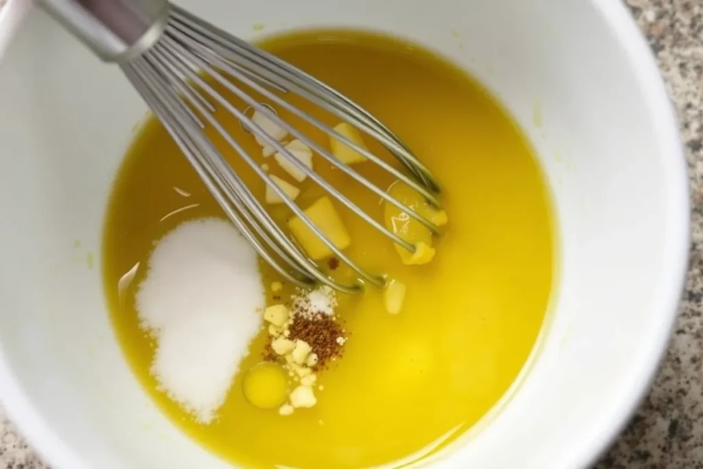 A small bowl containing olive oil, lemon juice, Dijon mustard, minced garlic, salt, and pepper, with a whisk blending the ingredients into a smooth dressing.

