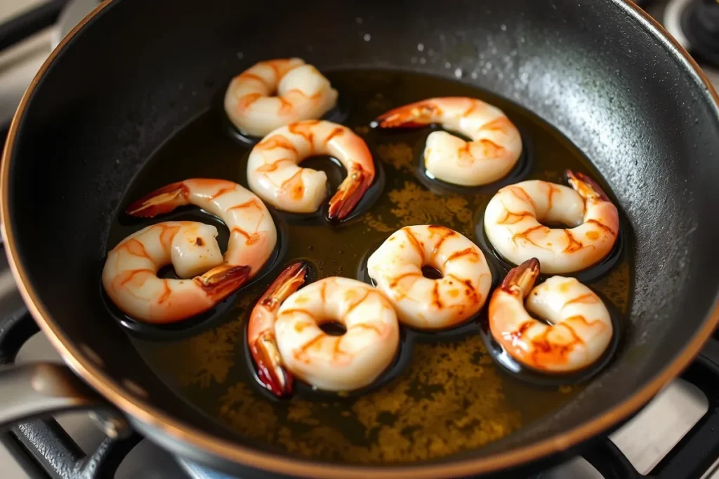 A skillet on the stove with shrimp sizzling in olive oil, showcasing the shrimp turning pink and slightly charred, indicating they are perfectly cooked.

