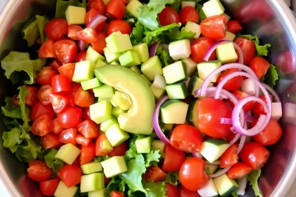 A large salad bowl filled with a vibrant mix of fresh ingredients, including leafy mixed greens, diced avocado, halved cherry tomatoes, cucumber slices, and rings of red onion, ready for assembly.

