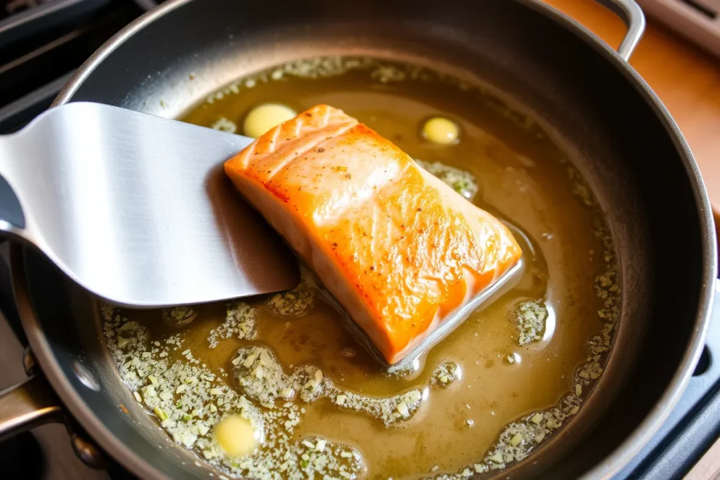 Salmon fillets sizzling in a skillet with melted butter and minced garlic, showing the golden-brown salmon and bubbling garlic butter in a warm kitchen setting.