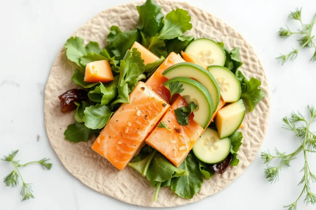 A whole wheat wrap being filled with cooked salmon, fresh spinach and lettuce, cucumber slices, and avocado, ready to be rolled up on a clean surface.