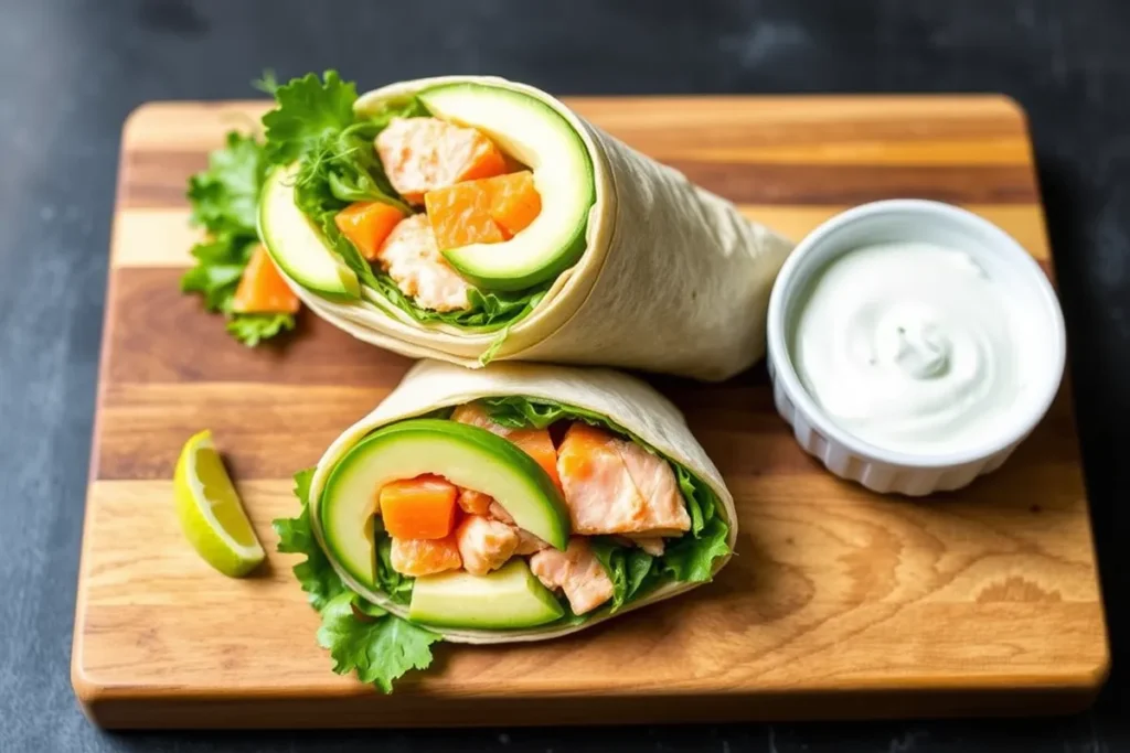 Two Lemon Garlic Butter Salmon Wraps sliced in half, served on a wooden board with fresh greens, avocado, cucumber, and a small bowl of tzatziki sauce garnished with dill.