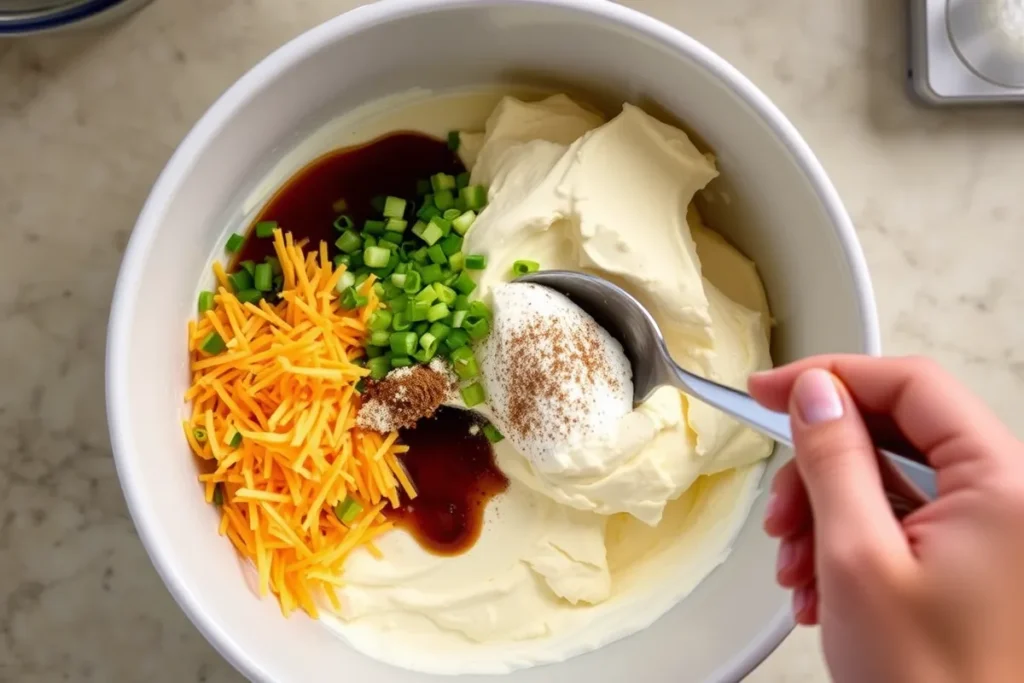 Hands shaping the cheese mixture into a ball using plastic wrap, with a smooth texture and visible bits of cheddar and green onions.