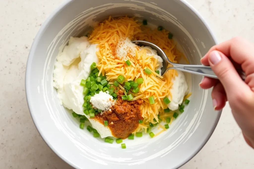 Large mixing bowl with softened cream cheese, shredded cheddar, chopped green onions, garlic powder, and Worcestershire sauce being blended together.