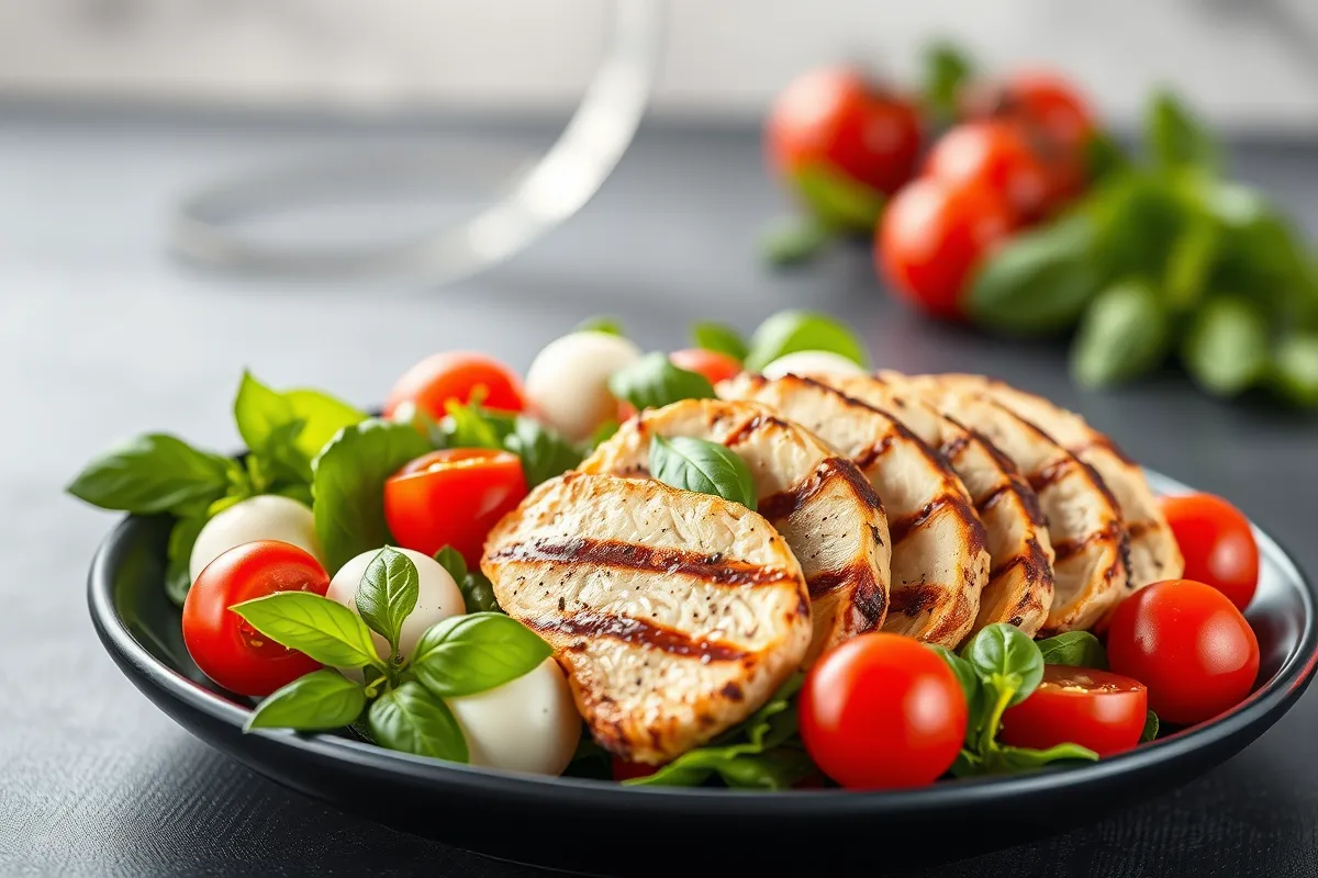 Caprese Chicken Salad arranged attractively with cherry tomatoes, mozzarella balls, basil leaves, and grilled chicken on a smooth, dark surface, featuring vibrant lighting and a blurred, stylish background for a modern, fresh look.