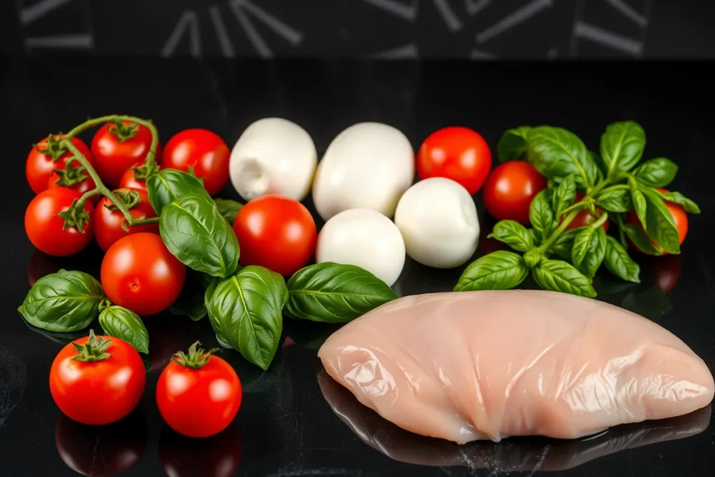 Fresh Caprese Chicken Salad ingredients laid out on a dark, glossy surface, including cherry tomatoes, mozzarella balls, fresh basil leaves, and raw chicken breast, highlighted with bright, focused lighting.