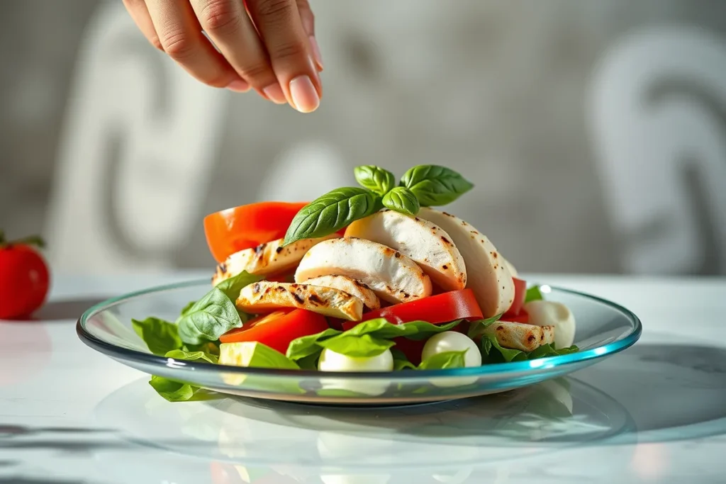 Caprese Chicken Salad being assembled on a reflective plate, with sliced grilled chicken, tomatoes, mozzarella, and basil arranged attractively. Bright, colorful ingredients with a soft, blurred background to enhance freshness.