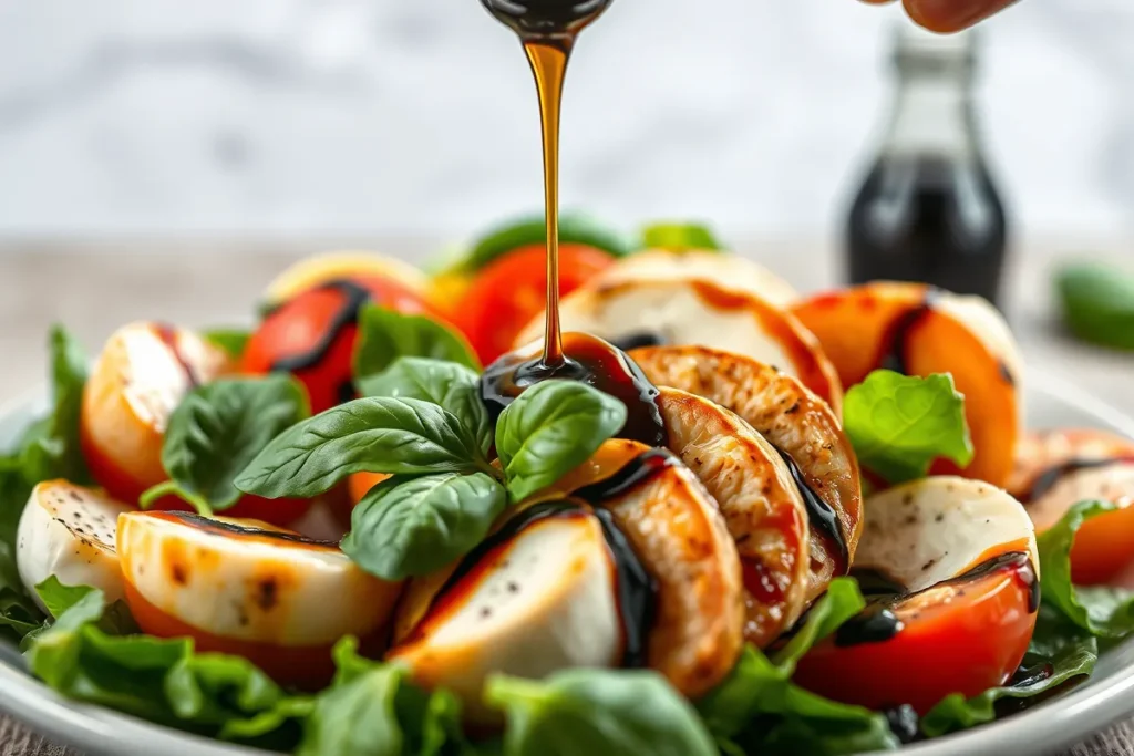 Caprese Chicken Salad fully assembled with fresh ingredients, as olive oil and balsamic glaze are drizzled over. The glossy textures of the salad shine under bright lighting, with a soft, abstract background.