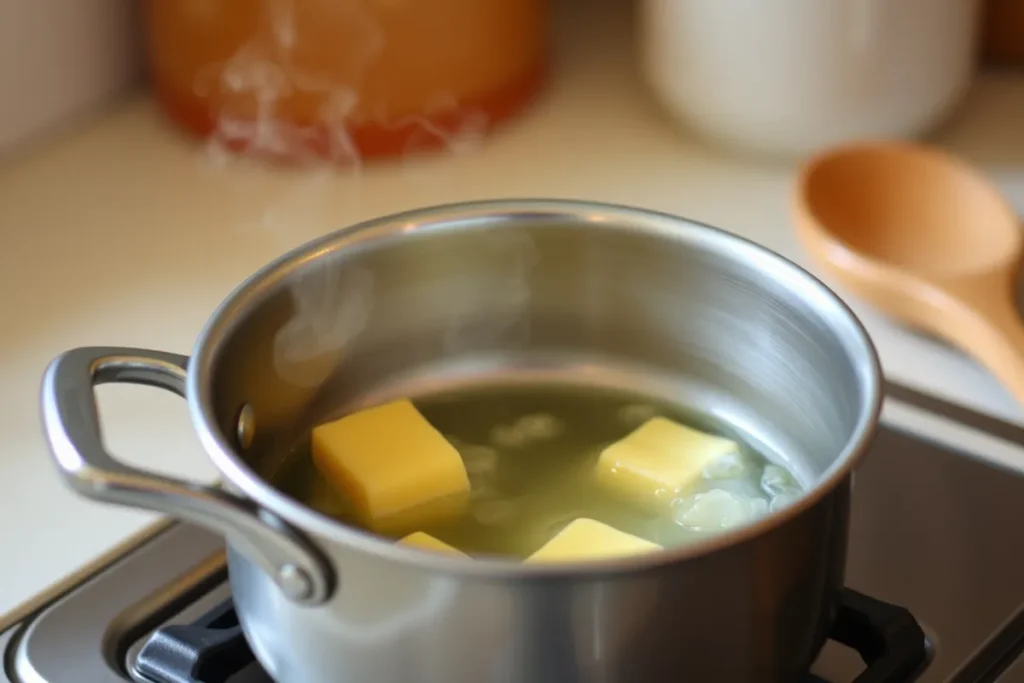 A small saucepan on the stovetop with a stick of butter melting inside, creating bubbles and steam in a warm kitchen setting.

